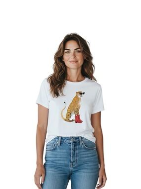 Women’s White Cat Graphic Tee with Red Boots & Sunnies